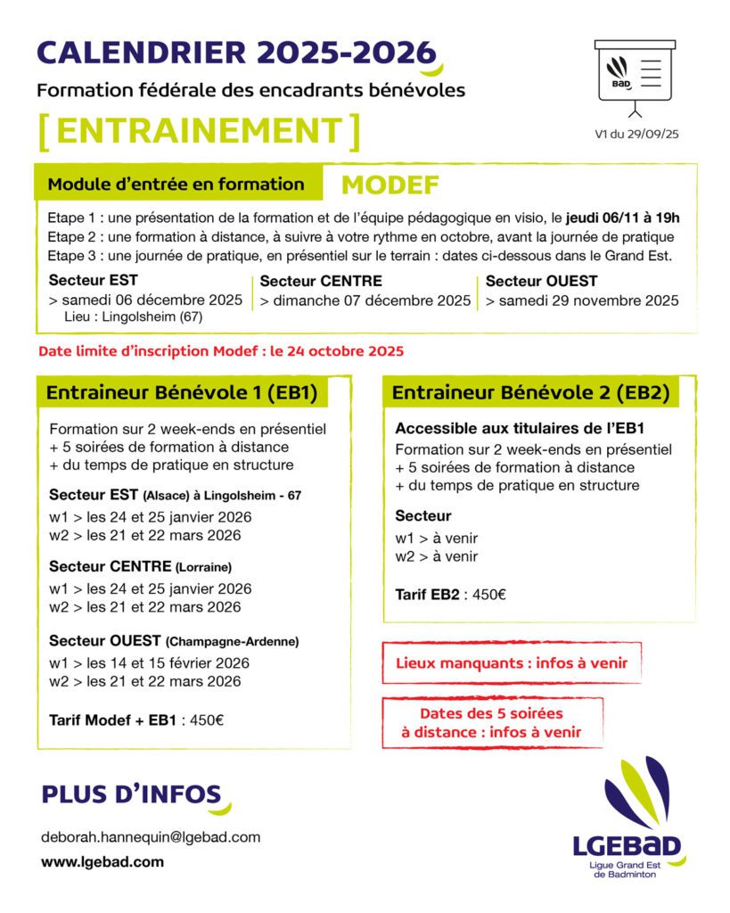 Calendrier formations entraineur bénévole 2025-26
