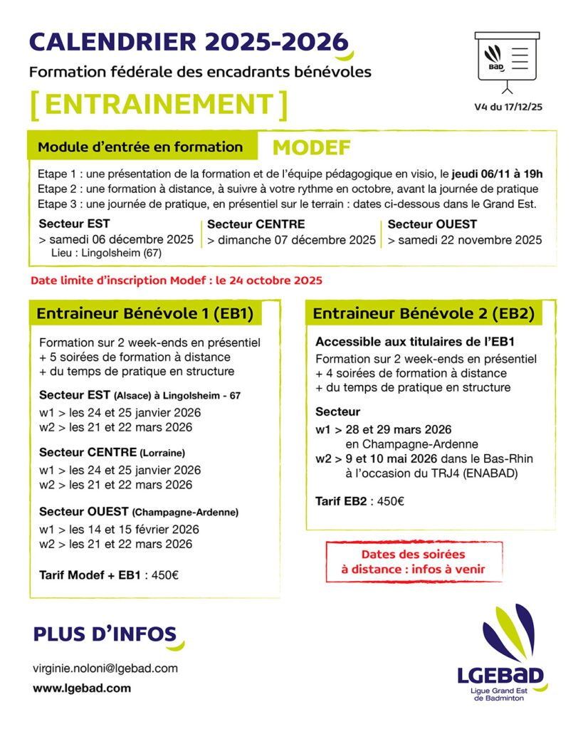 Calendrier des formations fédérales des encadrants bénévoles - v4