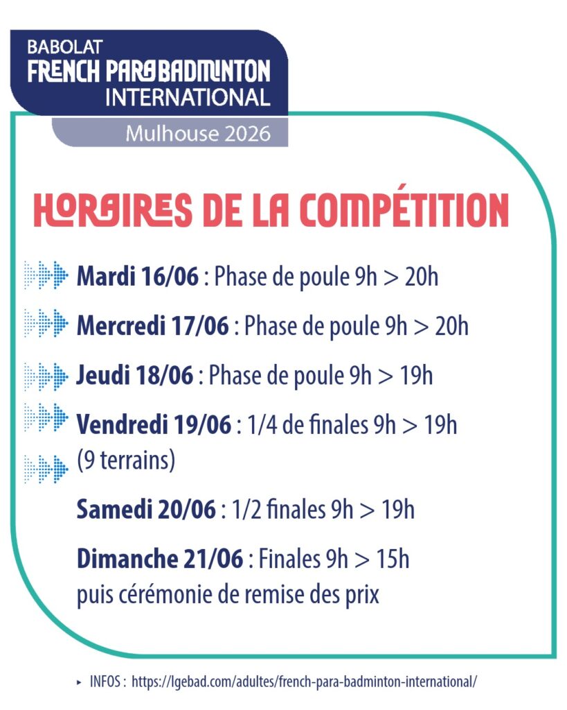 Horaires prévisionnels French Para Badminton International